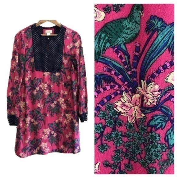 Anthropologie Maeve Pink Navy Blue Floral Bird Print Long Sleeve Tunic Dress - Picture 1 of 13